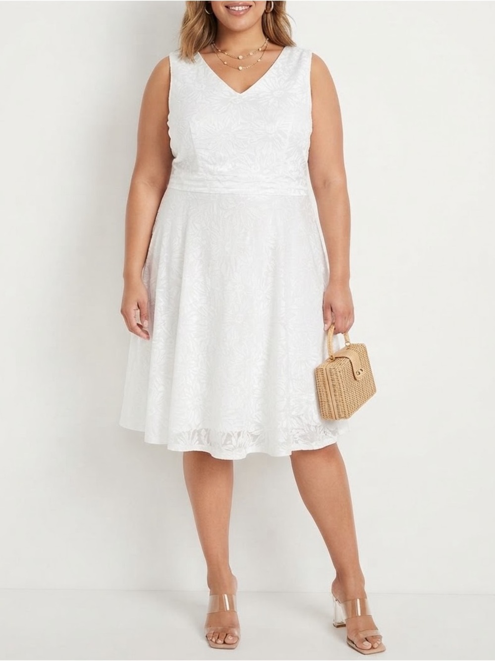 Floral V-Neck Midi Dress White Size 12W Like New